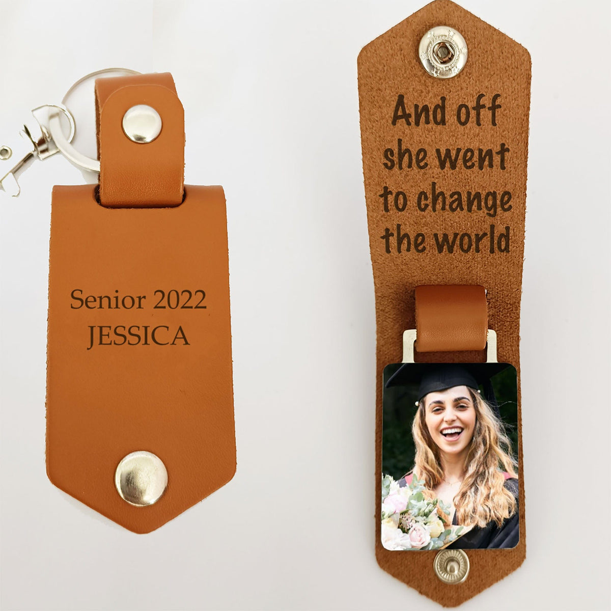 GeckoCustom And Off She Went To Change The World Graduation Vintage Leather Photo Keychain C263