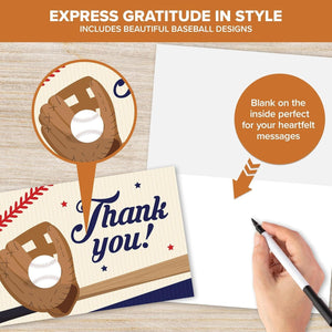 GeckoCustom Baseball Thank You Cards, 24Pcs Greeting Card with 6 Designs, Blank Inside, 6X4 Inch, Matching Envelopes & Stickers, Perfect for Birthday, Coach, Father'S Day, Kid Thank You Cards