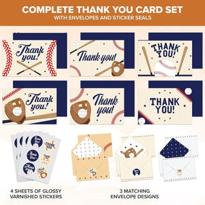 GeckoCustom Baseball Thank You Cards, 24Pcs Greeting Card with 6 Designs, Blank Inside, 6X4 Inch, Matching Envelopes & Stickers, Perfect for Birthday, Coach, Father'S Day, Kid Thank You Cards