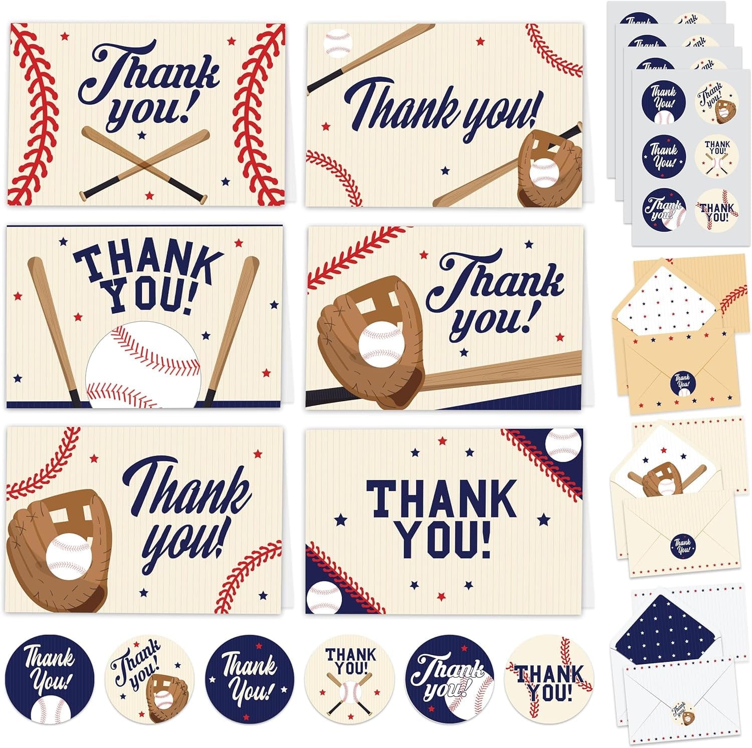 GeckoCustom Baseball Thank You Cards, 24Pcs Greeting Card with 6 Designs, Blank Inside, 6X4 Inch, Matching Envelopes & Stickers, Perfect for Birthday, Coach, Father'S Day, Kid Thank You Cards Baseball