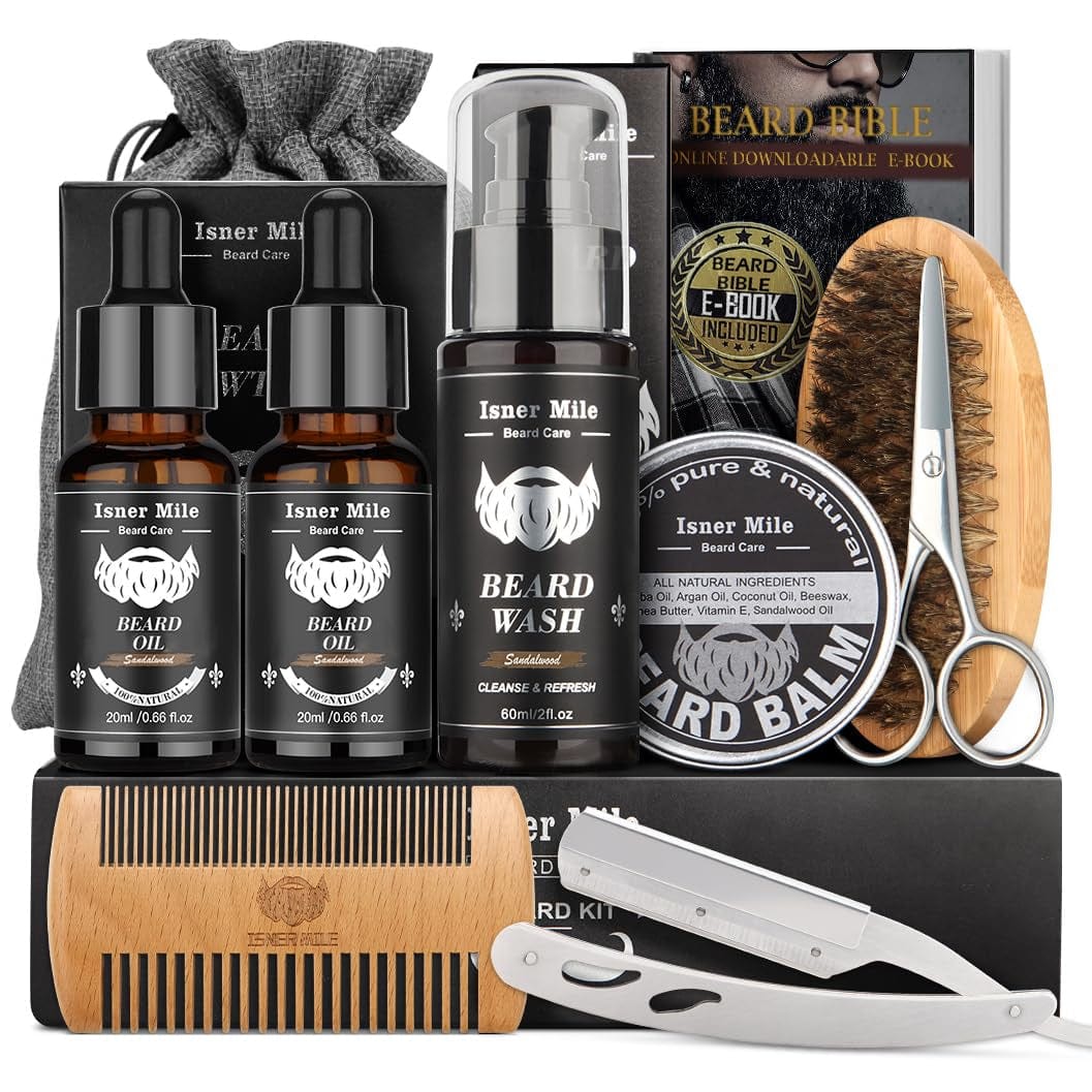 GeckoCustom Beard Kit for Men, Grooming & Trimming Tool Complete Set with Shampoo Wash, Beard Care Oil, Balm, Brush, Comb, Scissors & Storage Bag, Birthday Gifts for Him Men Dad Father Boyfriend Sandalwood