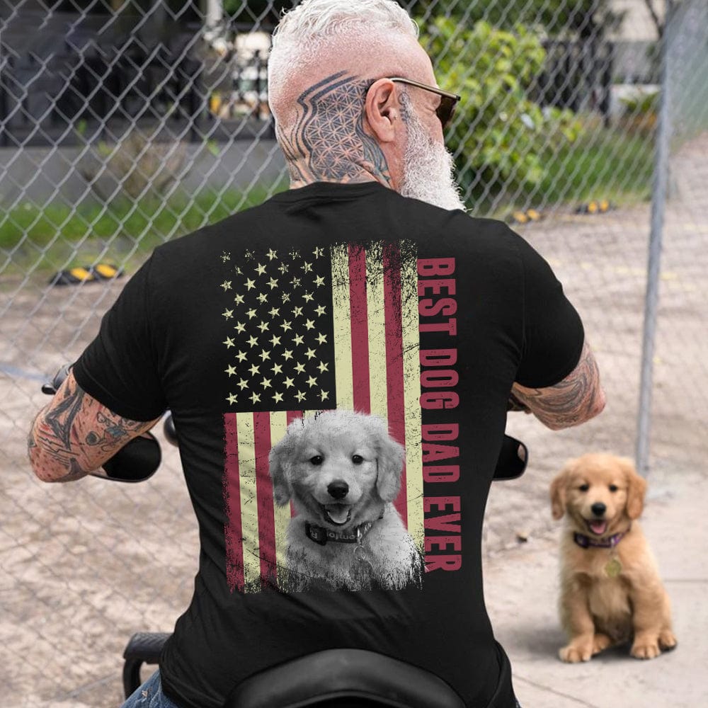 GeckoCustom Best Dog Dad Ever Upload Photo Dog Shirt, US Flag Shirt only back N304 HN590 Basic Tee / Black / S
