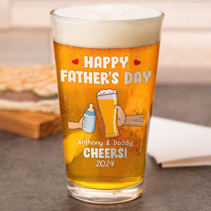 GeckoCustom Cheers! Our First Father's Day Print Beer Glass Personalized Gift TH10 890941 16oz