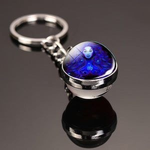 GeckoCustom Creative 12 Constellation Key Ring Time Stone Double-Sided Glass Ball Metal Keychain Pendant Key Chain Accessories Fashion Gift Virgo luminous
