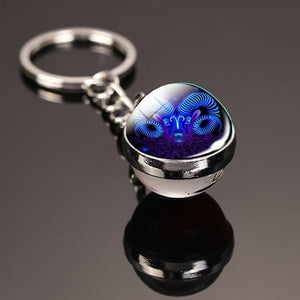 GeckoCustom Creative 12 Constellation Key Ring Time Stone Double-Sided Glass Ball Metal Keychain Pendant Key Chain Accessories Fashion Gift Aries luminous