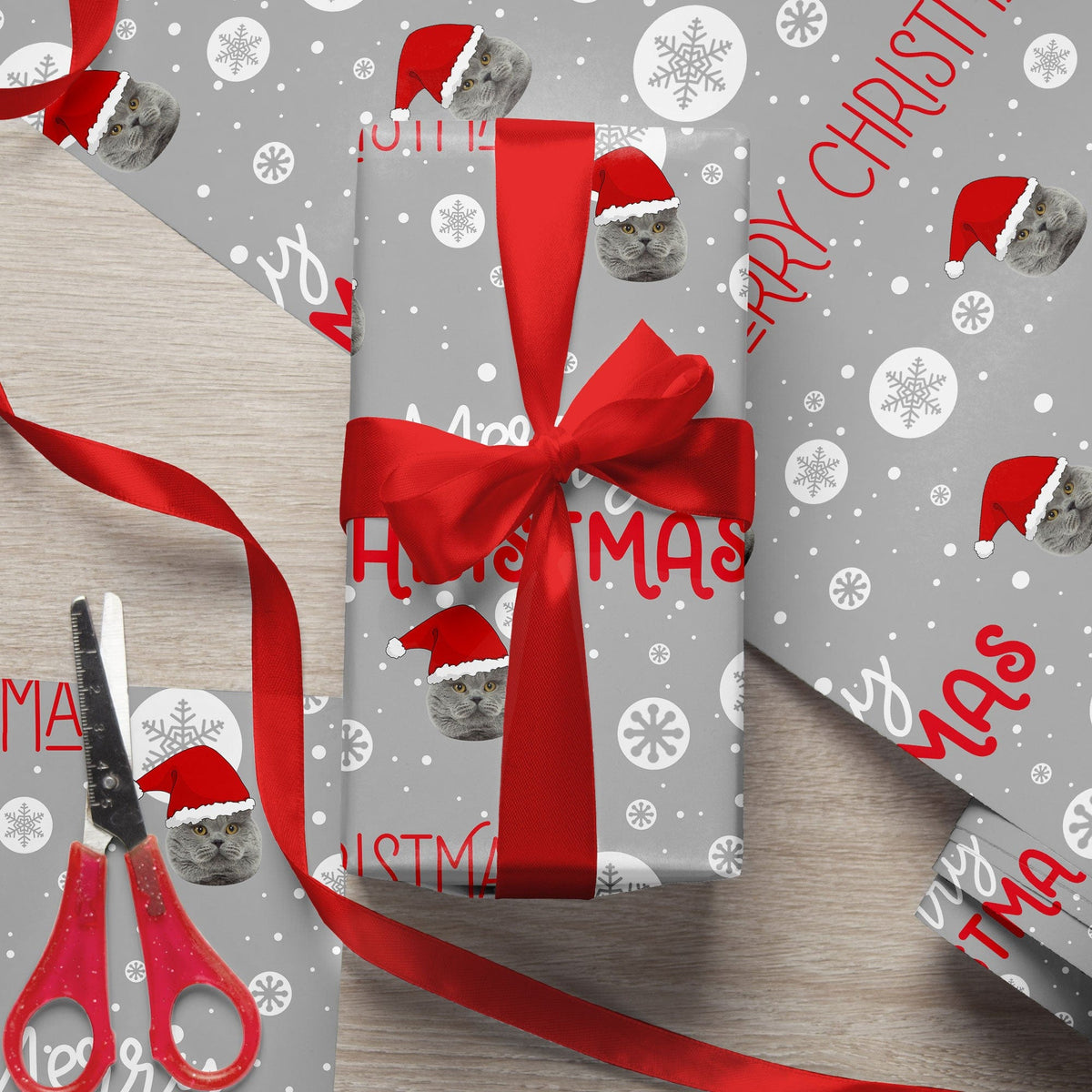 GeckoCustom Custom Cat Face Photo Merry Christmas Wrapping Papper Cat Lovers Gift HO82 895010