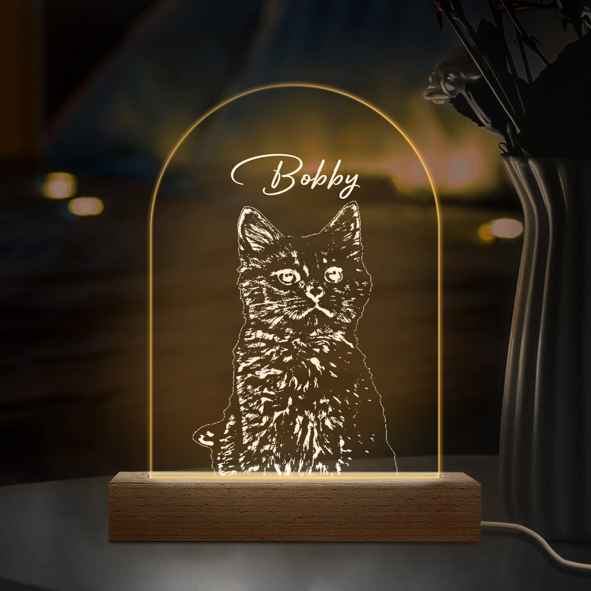 GeckoCustom Custom Cat Photo Pencil Drawing With Name For Cat Lovers Acrylic Plaque LED Night Light LM32 893031 Acrylic / 7.9"x4.5"