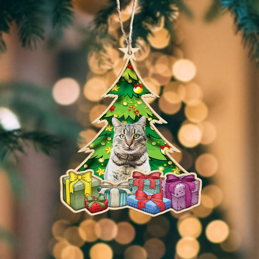 GeckoCustom Custom Cat Photo Under Christmas Tree Wooden Ornament N304 889899