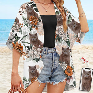 GeckoCustom Custom Cat Photo With Flower Pattern Woman Kimono N304 889478