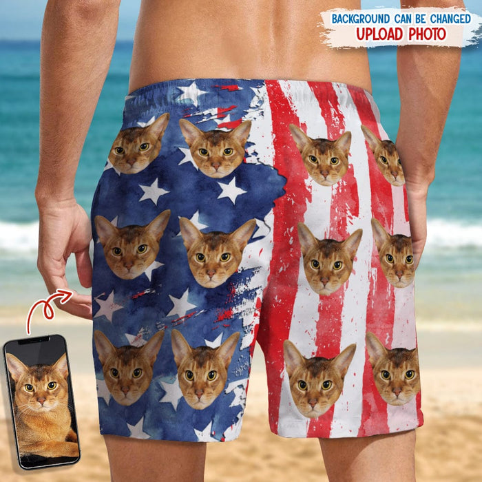 GeckoCustom Custom Cat Photo With US Flag Beach Short N304 889226
