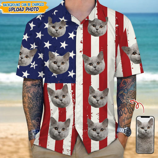 GeckoCustom Custom Cat Photo With Us Flag Hawaii Shirt N304 889230