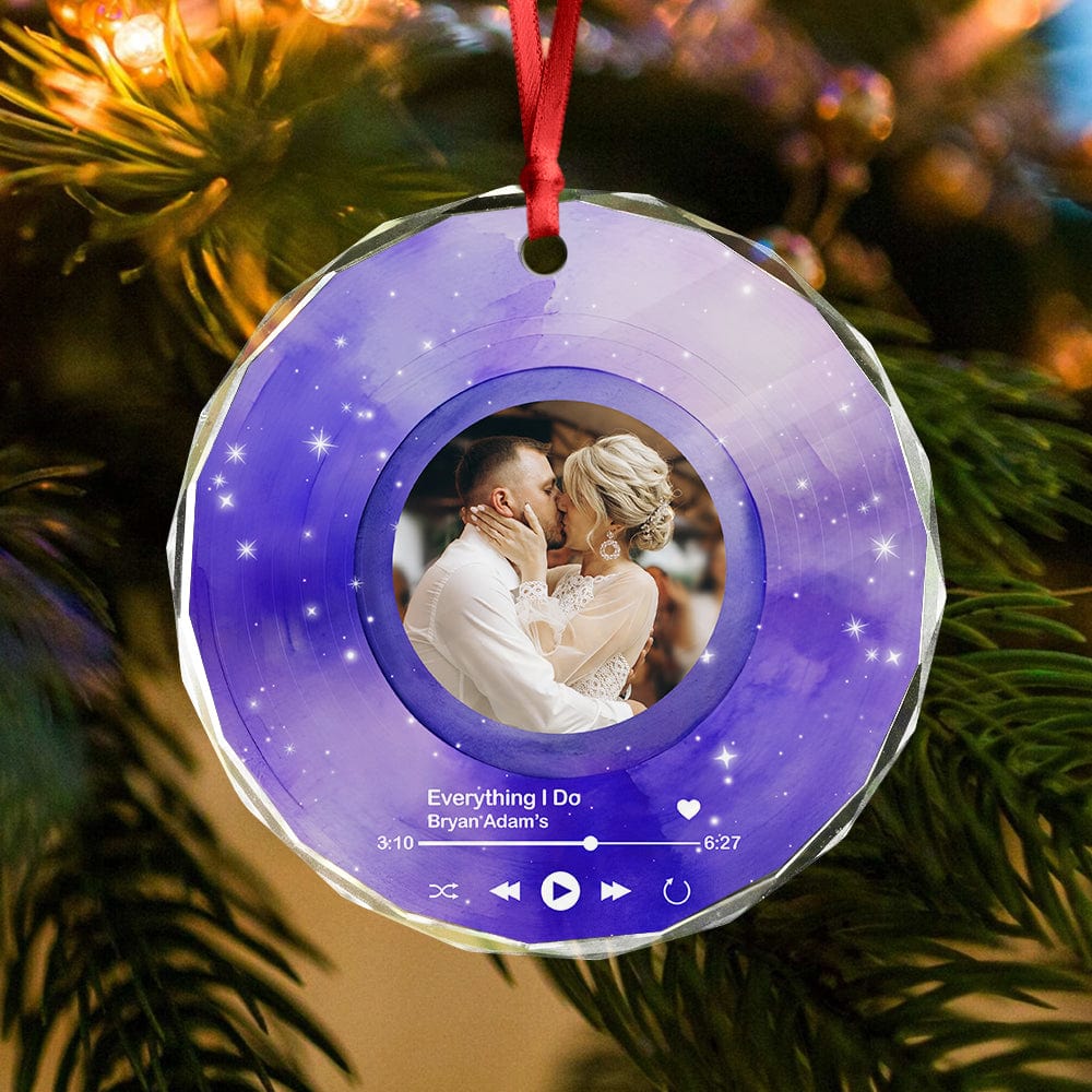 GeckoCustom Custom Couple Photo and Love Song Anniversary Glass Circle Ornament LM32 891975 8cm