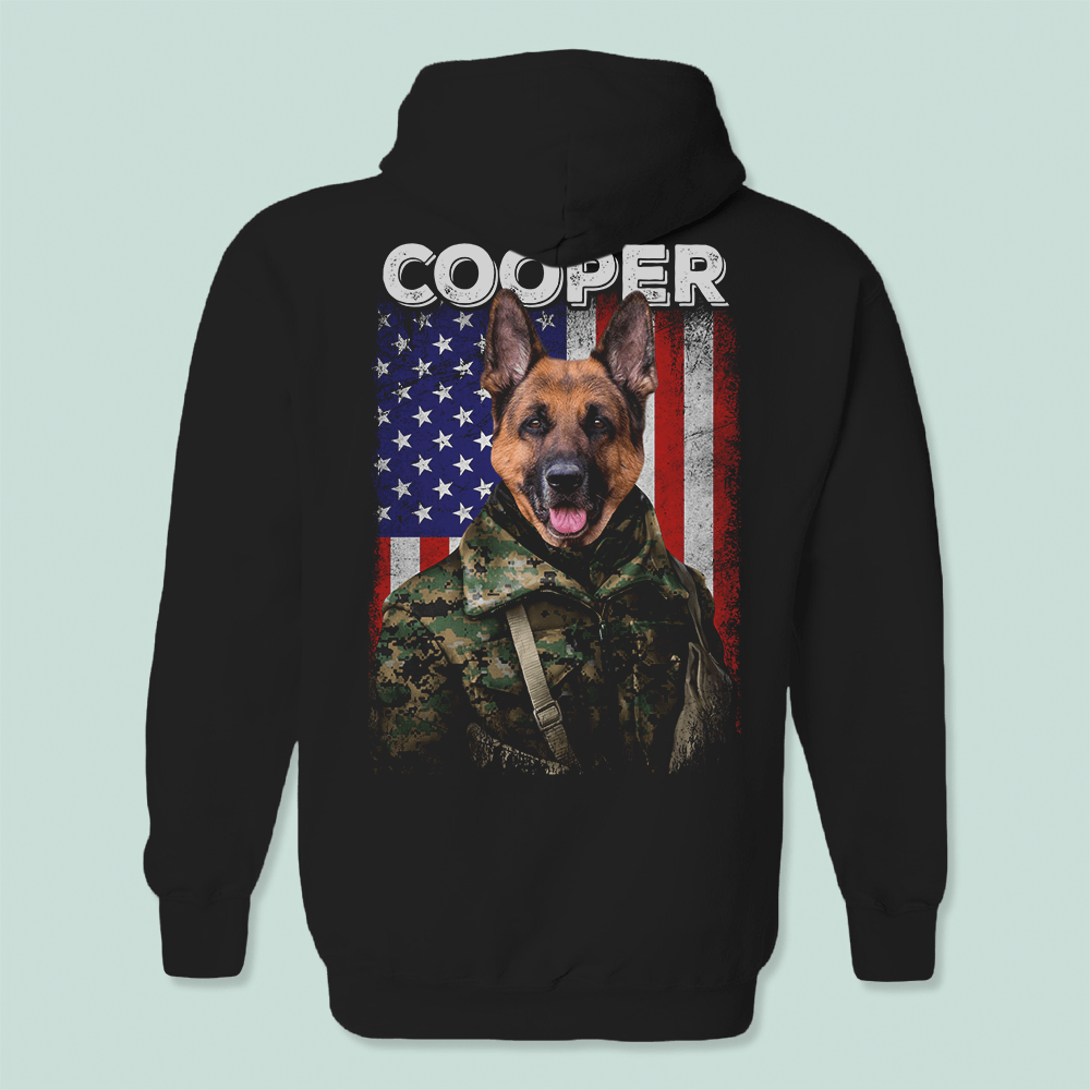 GeckoCustom Custom Dog Cat Photo America Flag Uniform Soldier Back Shirt N369 889880 Basic Tee / Black / S