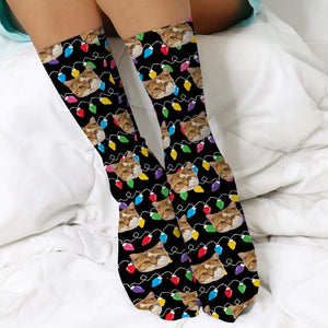 GeckoCustom Custom Dog, Cat Photo With Colorful Christmas Lights Socks HA75 891404