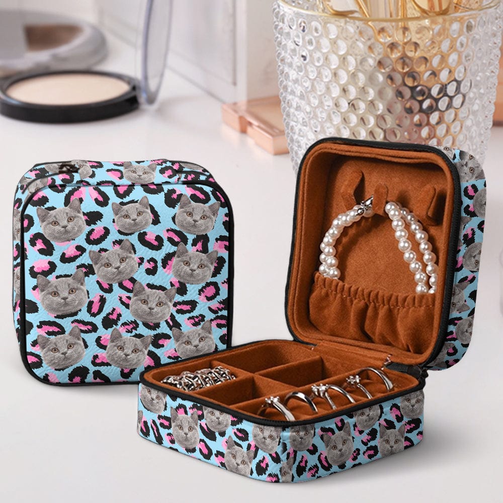 GeckoCustom Custom Face Cat Leopard Pattern Jewelry Travel Box HA75 891887 10.6*10.2*6cm / PU Leather & Pearl Velvet