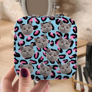 GeckoCustom Custom Face Cat Leopard Pattern Jewelry Travel Box HA75 891887 10.6*10.2*6cm / PU Leather & Pearl Velvet