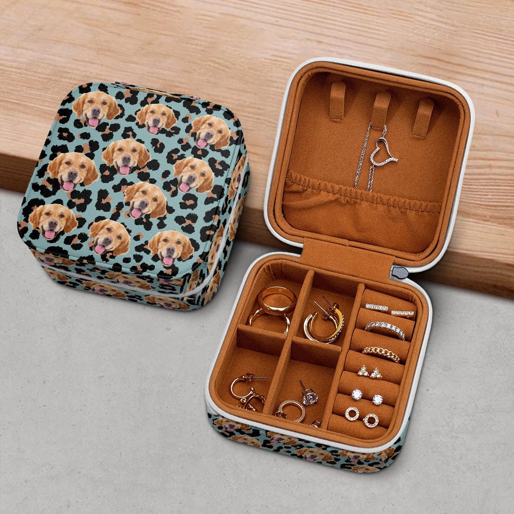 GeckoCustom Custom Face Dog Leopard Pattern Jewelry Travel Box HA75 891885 10.6*10.2*6cm / PU Leather & Pearl Velvet