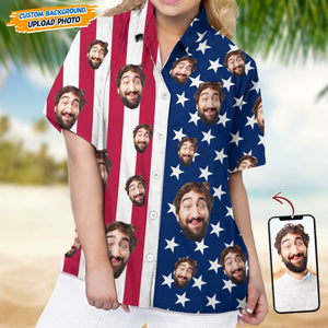 GeckoCustom Custom Face Photo With US Flag Vertical Stripes Women's Hawaii Shirt TA29 889330