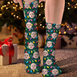 GeckoCustom Custom Family Photo With Colorful Christmas Lights Socks HA75 891402