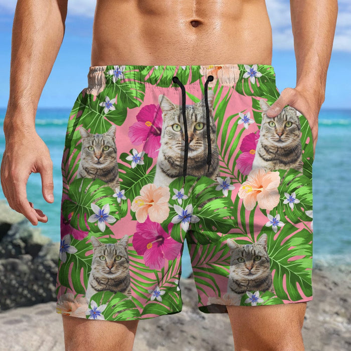 GeckoCustom Custom Funny Cat Photo With Tropical Style Beach Short For Men TA29 890400