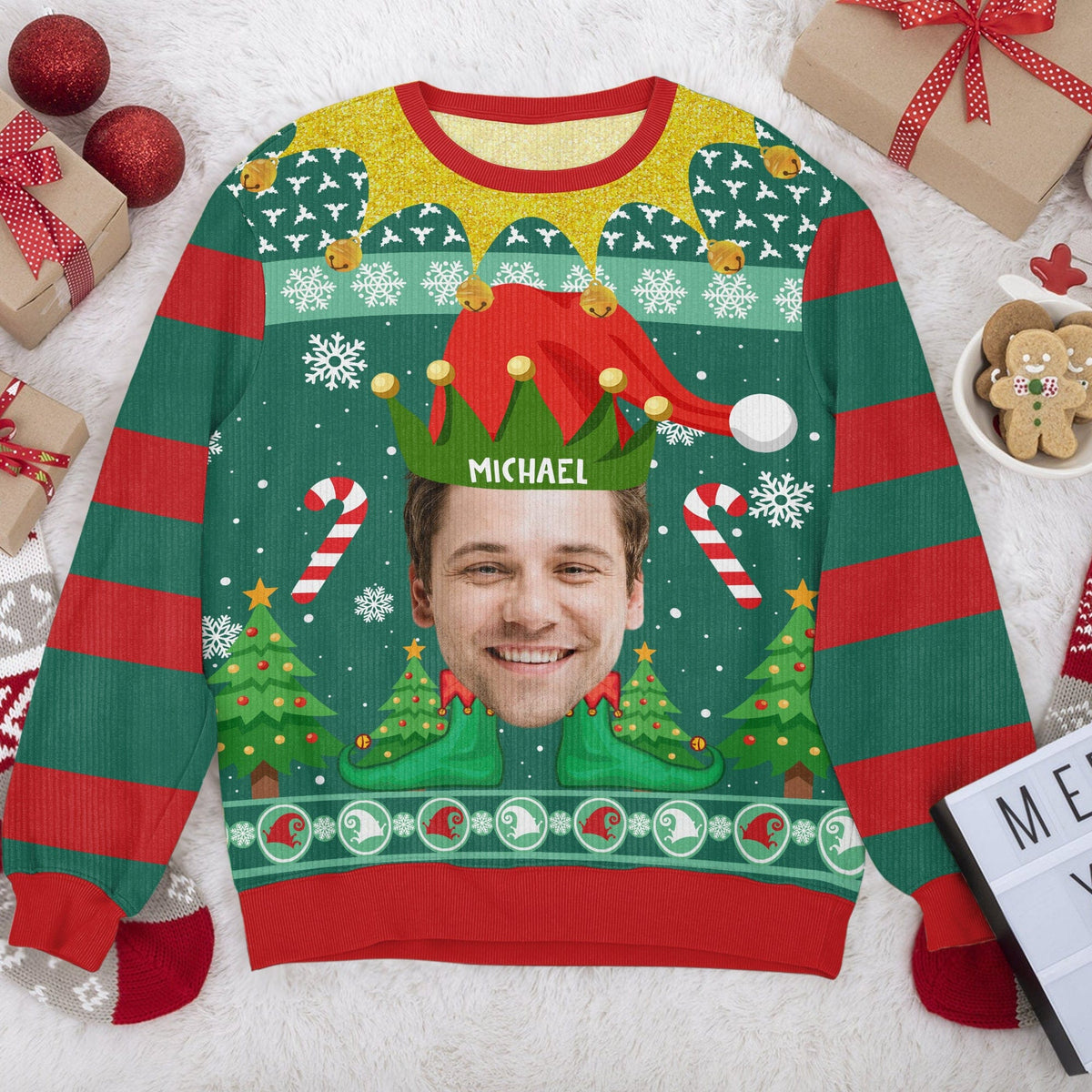 Custom Funny Photo and Name Xmas Elfs All Over Print Ugly Sweater Be GeckoCustom