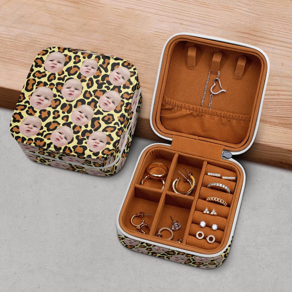 GeckoCustom Custom Human Face Leopard Pattern Jewelry Travel Box HA75 891889 10.6*10.2*6cm / PU Leather & Pearl Velvet