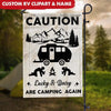 GeckoCustom Custom Name Camping Again Caution Camping Garden Flag HN590 Flagpole included