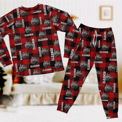 GeckoCustom Custom Photo And Name With Buffalo Plaid Pattern Cat Pajamas Set N304 889778