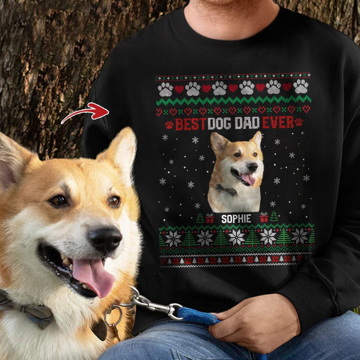 GeckoCustom Custom Photo Best Dog Dad Ever Ugly Christmas Dog Cat Sweatshirt K228 HN590