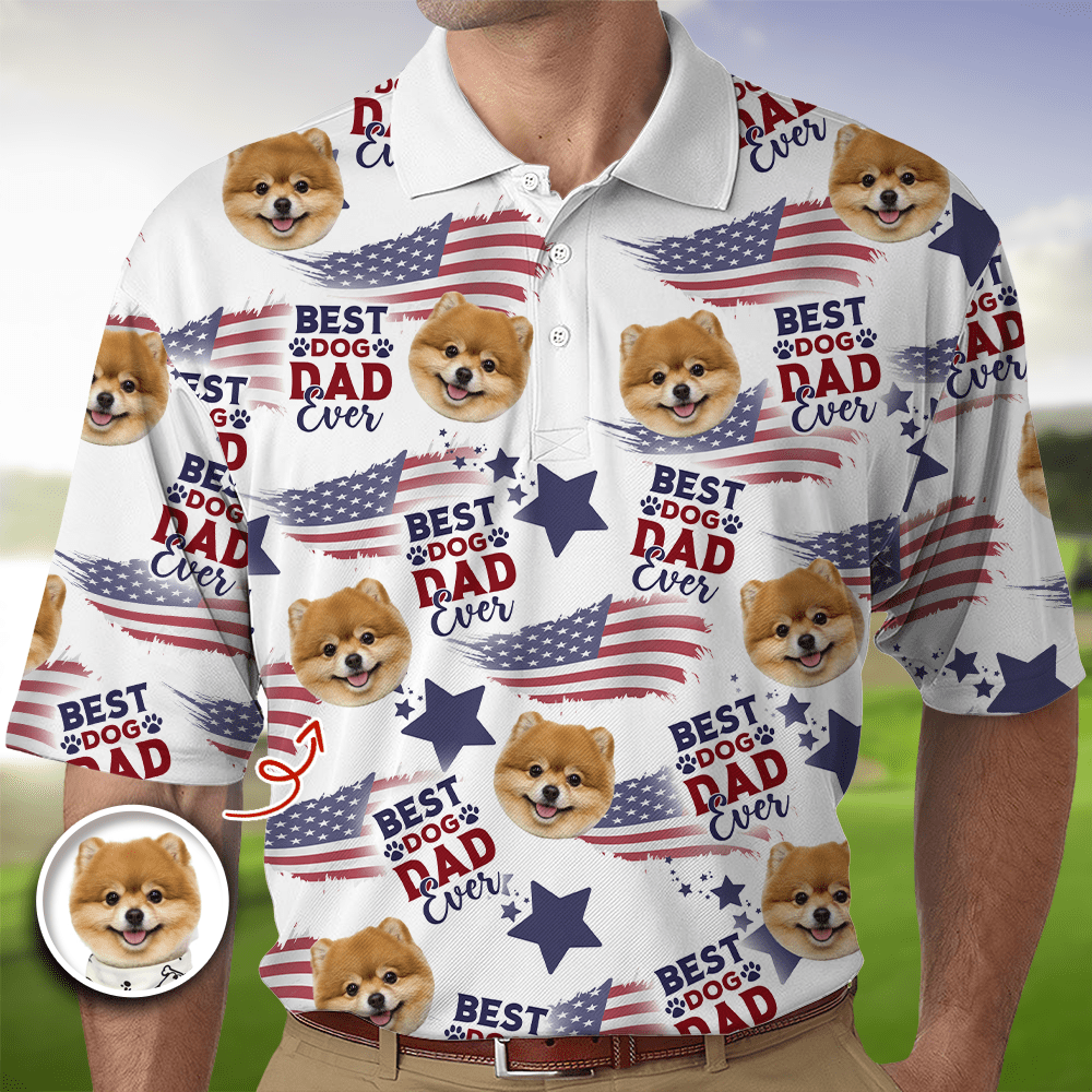 GeckoCustom Custom Photo Best Dog Dad, Mom Ever USA Flag Dog, Cat Polo Shirt HA75 890696