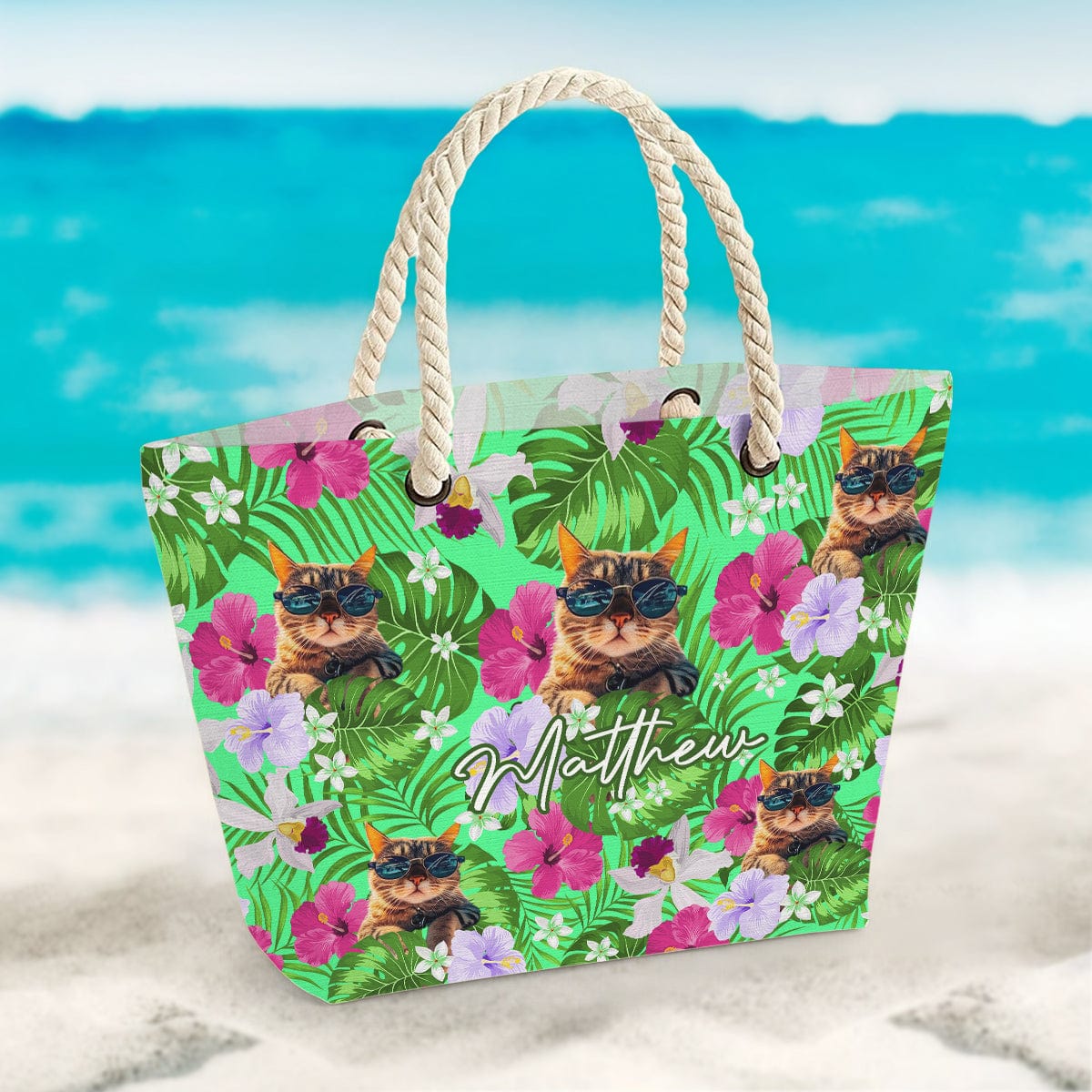 Custom Photo Canvas Beach Bag With Rope Handle Cat N304 889621