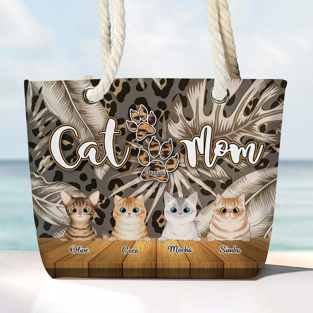 GeckoCustom Custom Photo Cat Mom Leopard Canvas Beach Bag Bag N304 889661