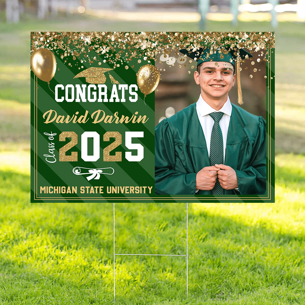 GeckoCustom Custom Photo Congrats 2025 Senior Multicolor Glitter Balloon Graduation Yard Sign HA75 891864