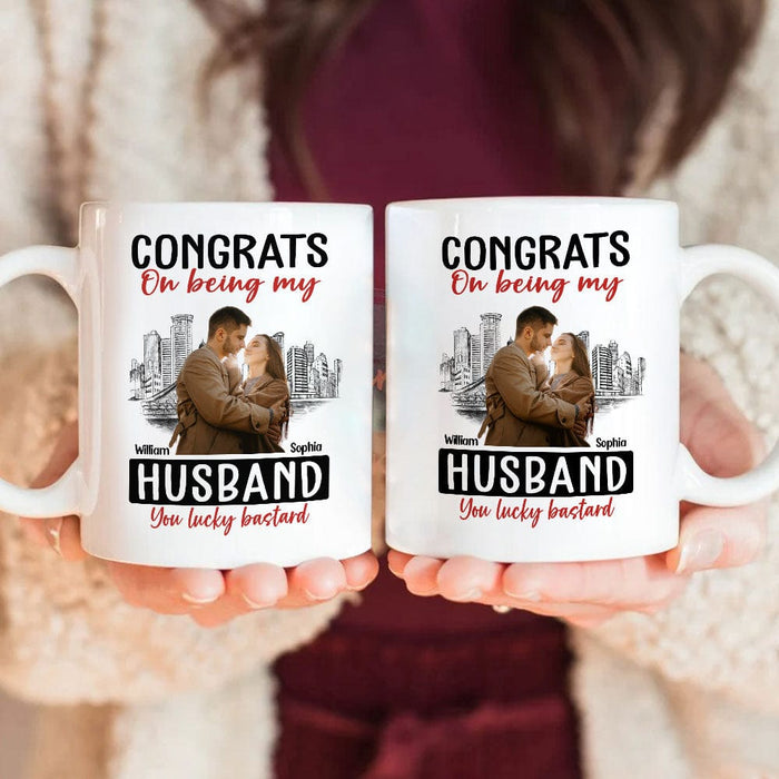 GeckoCustom Custom Photo Congrats On Being My Husband You Lucky Bastard Couple Mug N304 889962