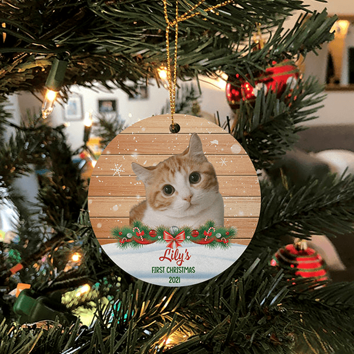 GeckoCustom Custom Photo Dog Cat Christmas Wooden Background Ornament TA29 889849