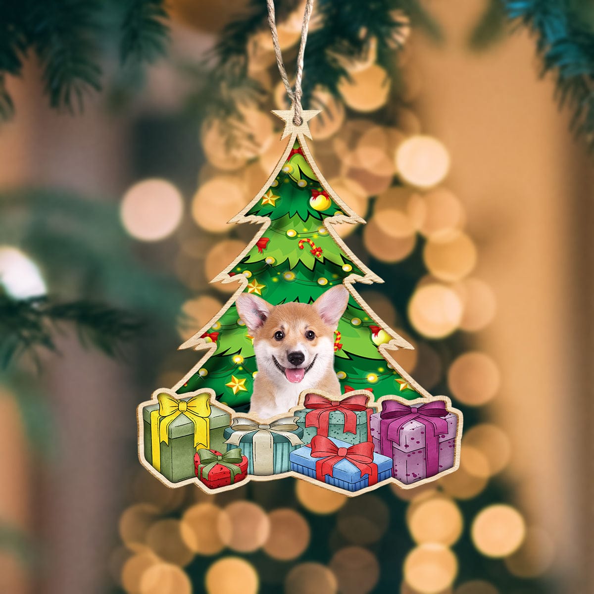 GeckoCustom Custom Photo Dog Under Christmas Tree Wooden Ornament N304 889897