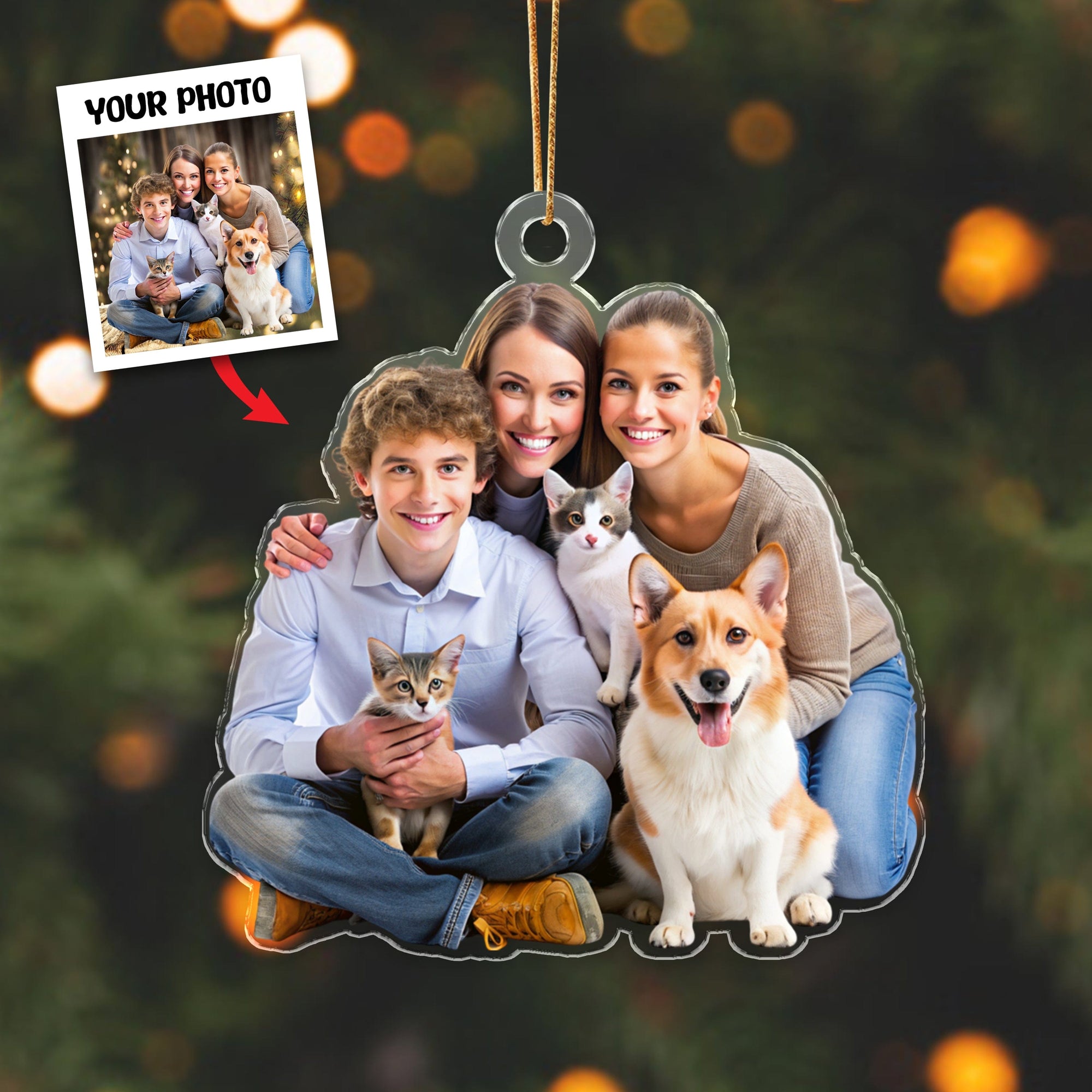 GeckoCustom Custom Photo Family With Dogs, Cats Pet Acrylic Ornament HA75 891286