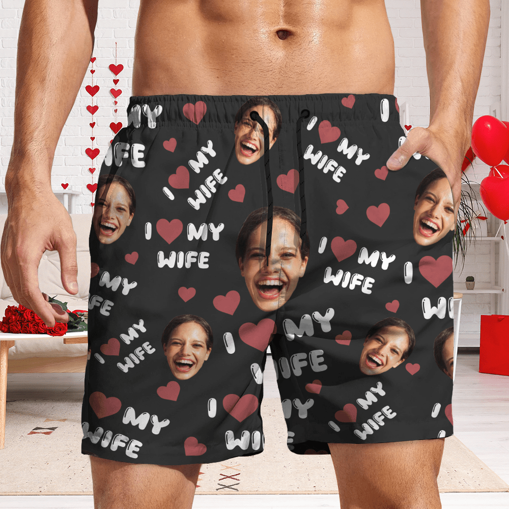 GeckoCustom Custom Photo I Love My Wife, Girlfriend Beach Short Valentine's Day, Anniversary Gift HA75 891808 S