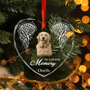 GeckoCustom Custom Photo In Loving Memory Angel Wings Dog Cat Pet Heart Shaped Glass Ornament For Christmas HA75 891566 8 cm