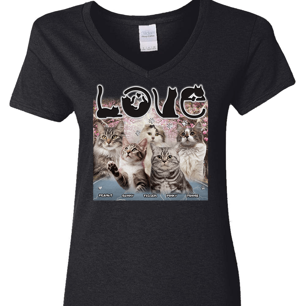 GeckoCustom Custom Photo Love Cats Vintage Bootleg For Cat Lovers Dark Shirt N304 890142 Women V-neck / V Black / S