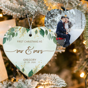 GeckoCustom Custom Photo Mr And Mrs First Christmas Married Heart Shaped Ceramic Ornament HA75 891568