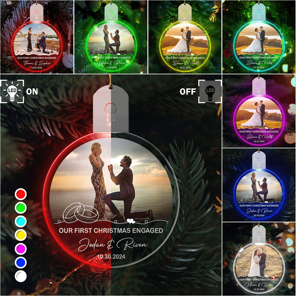 GeckoCustom Custom Photo Our First Christmas Couple Circle Led Acrylic Ornament HA75 891662 3 inches