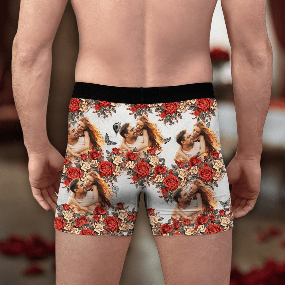 GeckoCustom Custom Photo Vintage Butterfly Roses Couple Boxer Gift For Valentine's Day HO82 893386