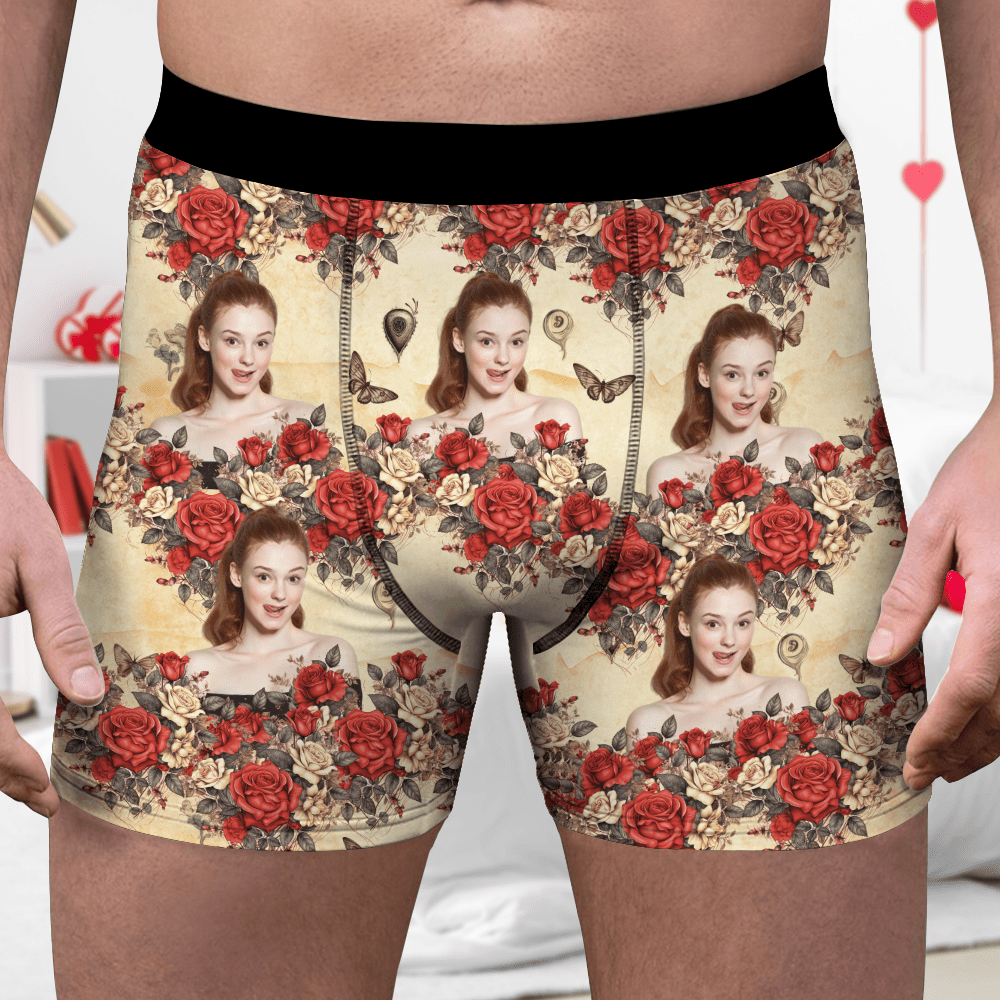 GeckoCustom Custom Photo Vintage Butterfly Roses Couple Boxer Gift For Valentine's Day HO82 893386