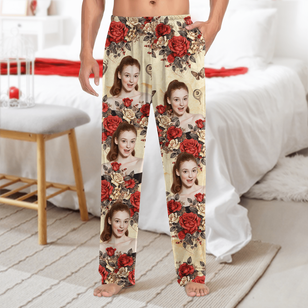 GeckoCustom Custom Photo Vintage Butterfly Roses Couple Pajamas Gift For Valentine's Day HO82 893382