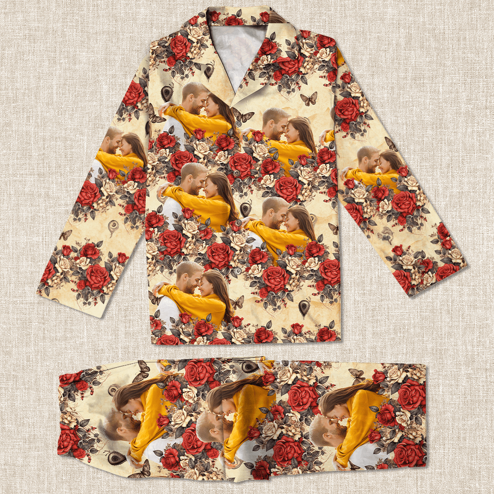 GeckoCustom Custom Photo Vintage Butterfly Roses Couple Pajamas Gift For Valentine's Day HO82 893382 For Kid / Combo Shirt And Pants (Favorite) / 3XS