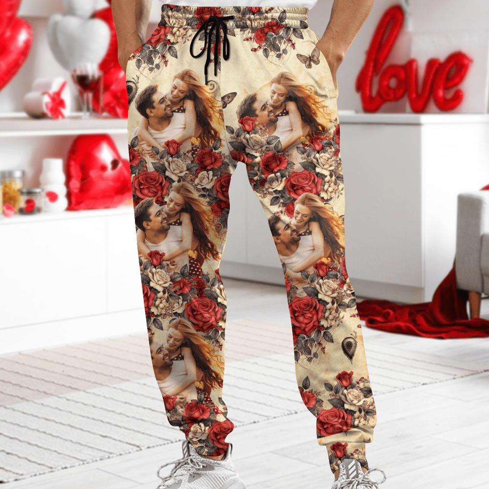 GeckoCustom Custom Photo Vintage Butterfly Roses Couple Sweatpants Gift For Valentine's Day HO82 893384 For Man / XS