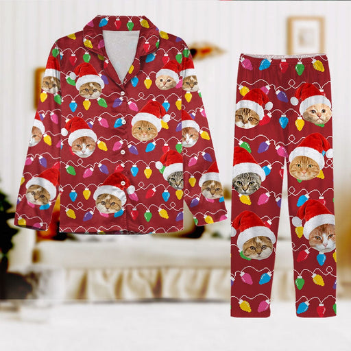 GeckoCustom Custom Photo With Colorful Christmas Lights For Cat Lovers Pajamas N304 889918