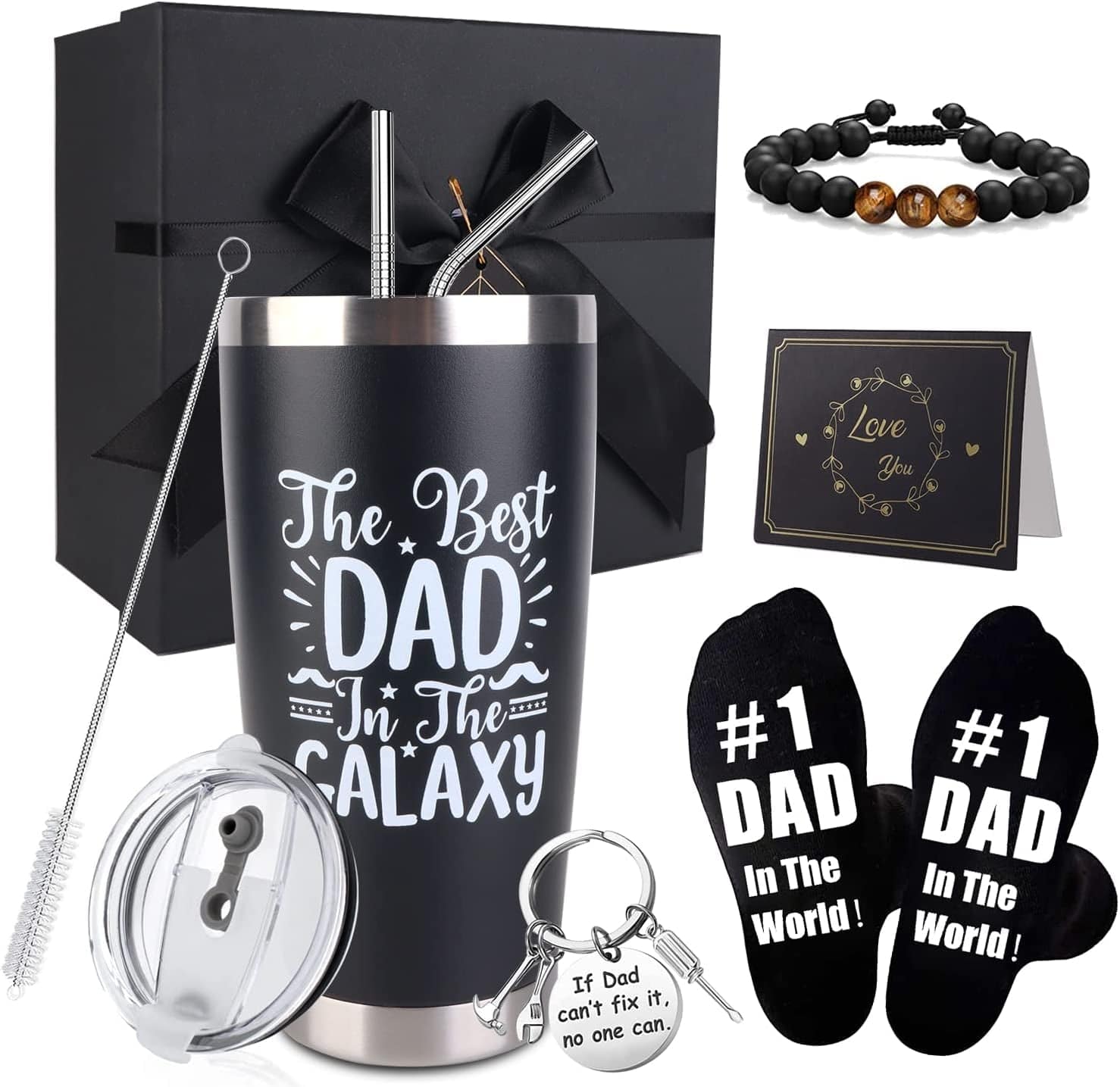 GeckoCustom Dad Gifts, 8PCS Fathers Day Gift Includes 20Oz Tumbler with Lid Straw Brush Socks Bracelet Key Chain Thanks Card Gift Box, Best Dad Ever Gifts from Daughter Son Kids for Christmas Birthday Faththers Day