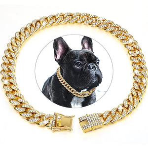GeckoCustom Dog Chain Diamond Cuban Collar Walking Metal Chain Collar with Design Secure Buckle, Pet Cat Cuban Collar Jewelry Accessories Gold / 20cm-8inch / China